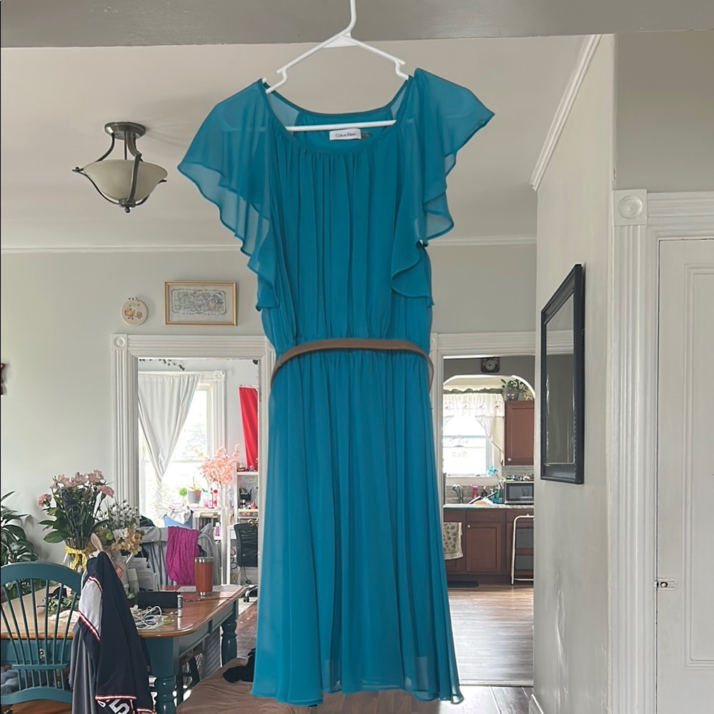 Calvin Klein Blue Midi Dress with Flutter Cap Sleeves WORN ONCE